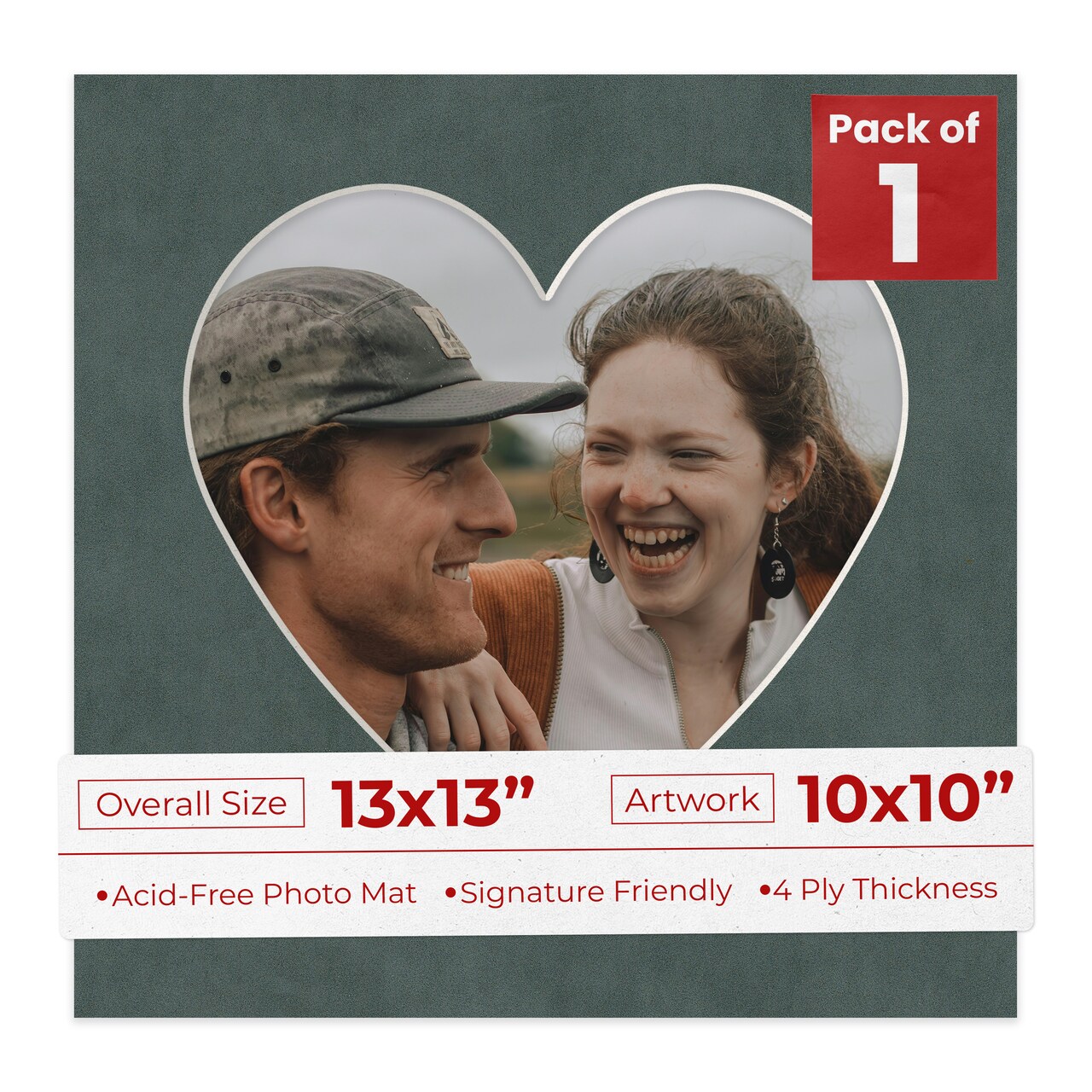 Dark Grey Suede Mat Board for 13x13 Frames - Heart Opening for 10x10 Photos